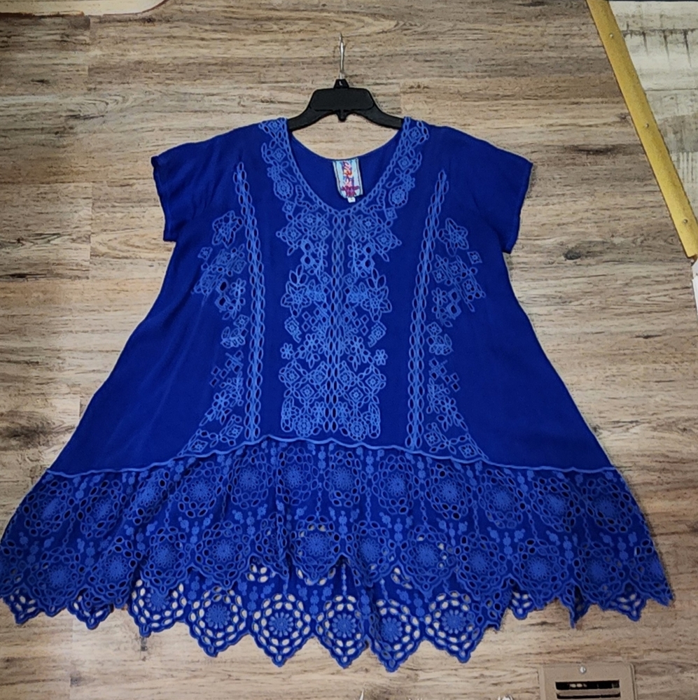 Johnny Was Kaylyn Cobalt Blue Eyelet A-line Tunic Size Small Oversized